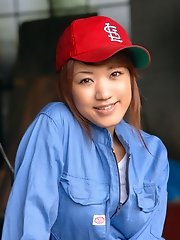 Hot Asian slut in coveralls exposes big tits