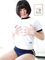 This cute Japanese girl needs help with her bouncing technique but keeps teasing us with her shorts!