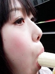 Machikos tiny mouth could barely wrap around the hentai fruit and it didnt take long before she slowly pressed the banana against her perfect shaved p