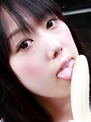 Machikos tiny mouth could barely wrap around the hentai fruit and it didnt take long before she slowly pressed the banana against her perfect shaved p