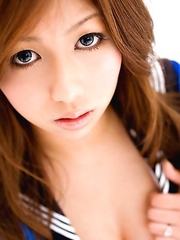 Sahsha Asian doll shows sexy cleavage and nasty ass in uniform