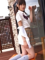 Airi Sakuragi unbottoms shirt and shows chest in white bra